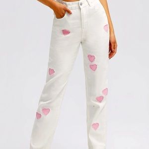 White and Pink Heart Print Straight Leg Jeans